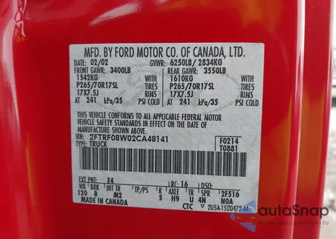 2002 Ford F-150 Xl/Xlt z USA, uszkodzony, nr VIN 2FTRF08W02CA48141